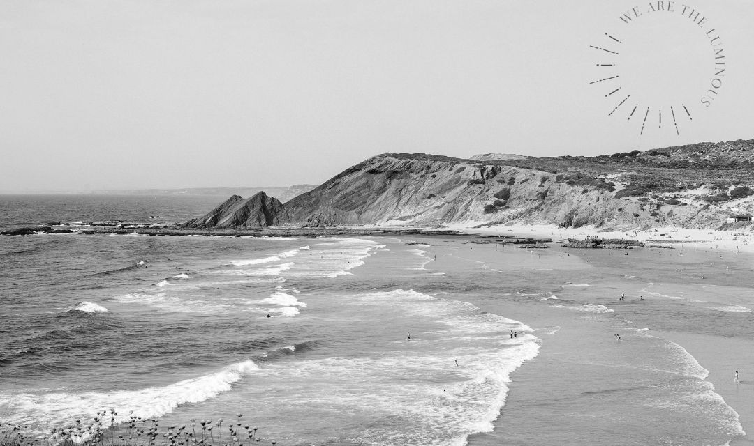 black and white beach scene