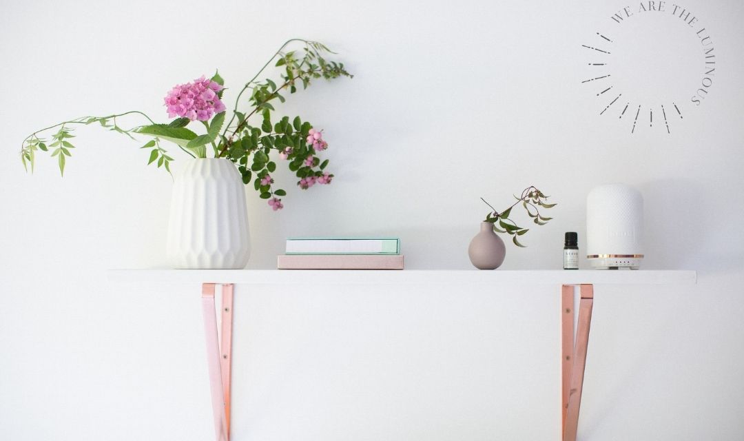 flowers on office shelf