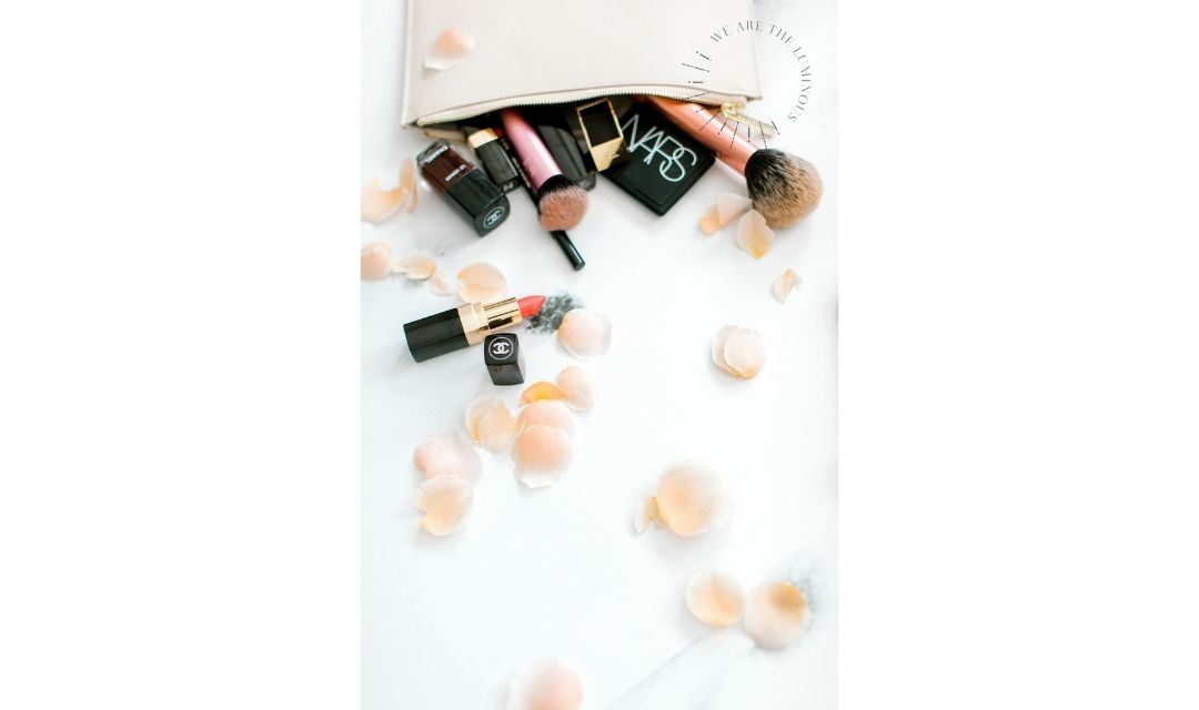 pink and peach make up flat lay